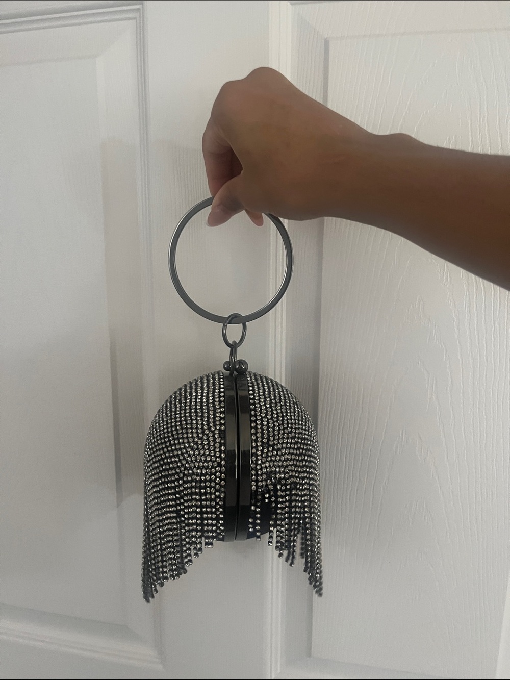 Black Crystal Fringe Ring-Handle Evening Clutch